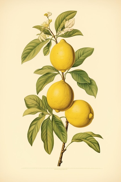Er is een tekening van een citroenboom met vruchten erop.