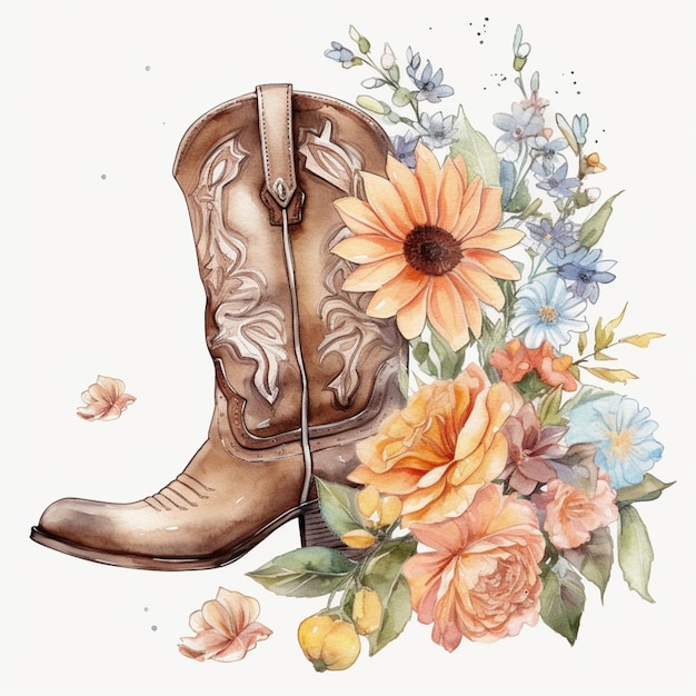 Er is een tekening van een cowboylaars met bloemen en vlinders generatieve ai