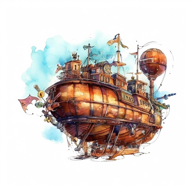 Er is een tekening van een door stoom aangedreven schip met een ballongenererende ai