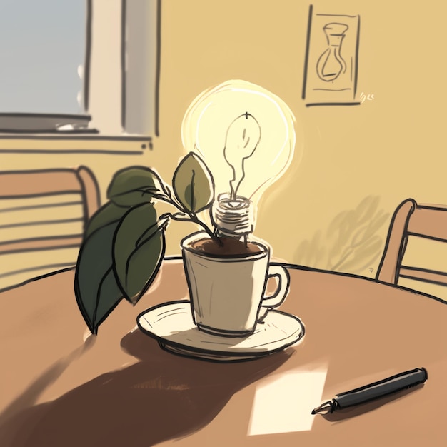 Er is een tekening van een gloeilamp op een kopje koffie generatieve ai