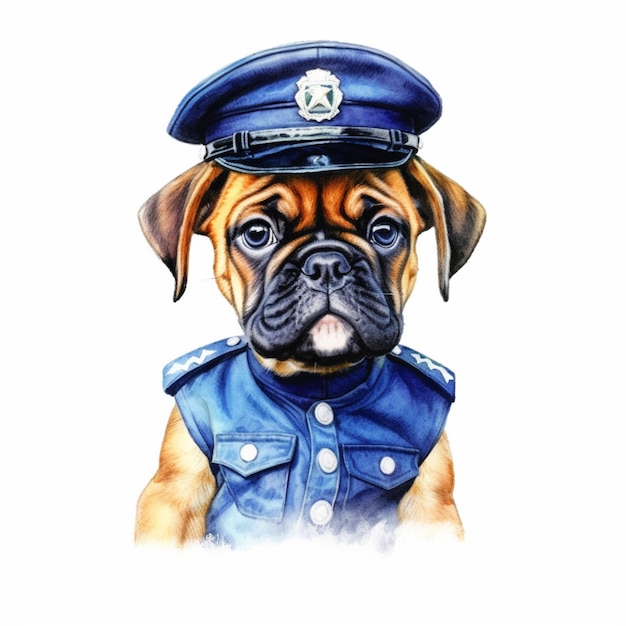Er is een tekening van een hond gekleed in een politie uniform generatieve ai