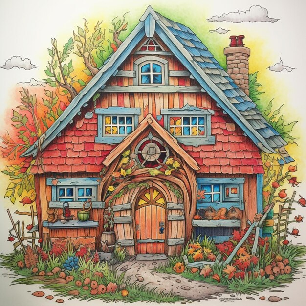 Er is een tekening van een huis met een deur en ramen generatieve ai