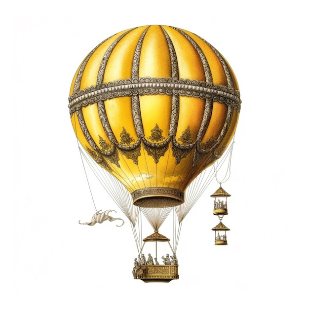 Er is een tekening van een luchtballon met mensen erin.