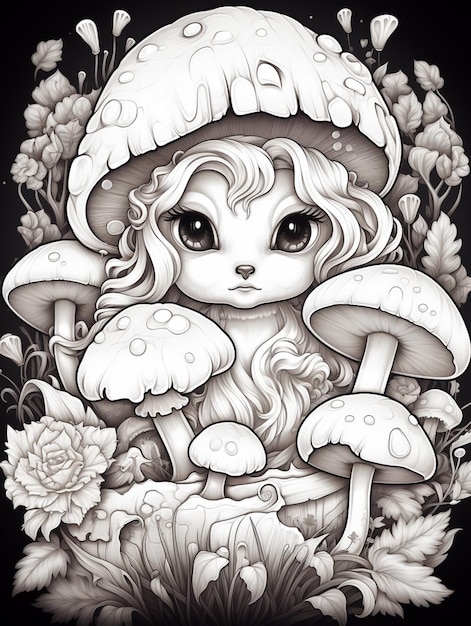 Er is een tekening van een meisje met paddenstoelen op haar hoofd.