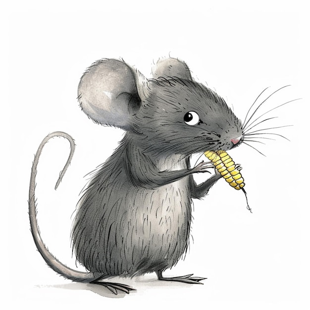Foto er is een tekening van een muis die maïs op de kolf eet.