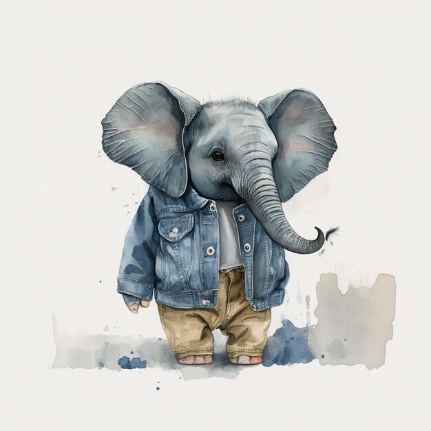Er is een tekening van een olifant die een jas en broek draagt.