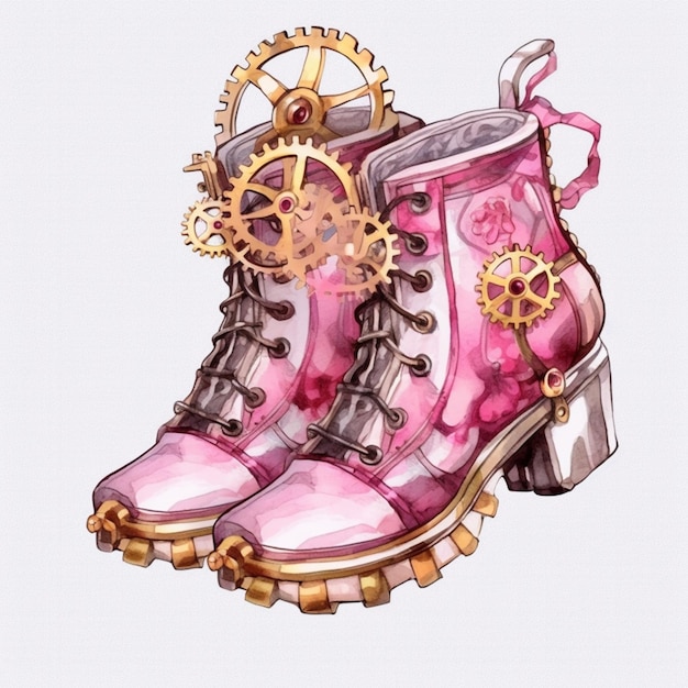 Er is een tekening van een paar roze laarzen met tandwielen op hen generatieve ai