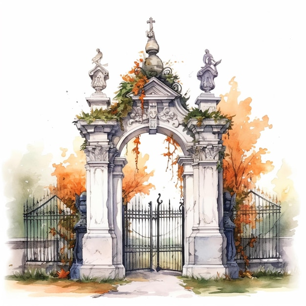 Er is een tekening van een poort met standbeelden erop.