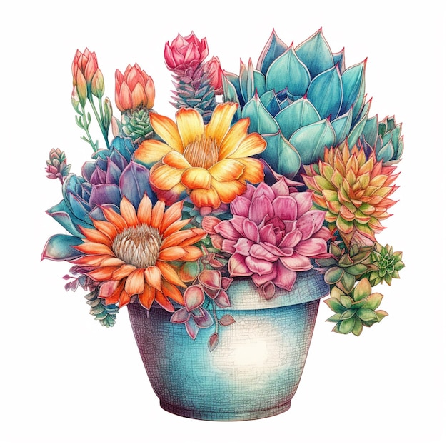 Er is een tekening van een pot bloemen met een witte achtergrond generatieve ai