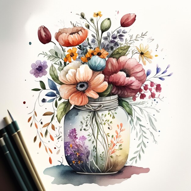 Er is een tekening van een pot met bloemen erin.