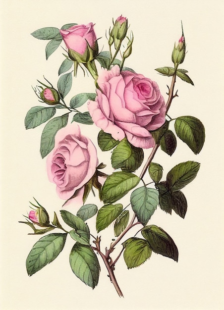 er is een tekening van een rozenplant met roze bloemen generatieve ai