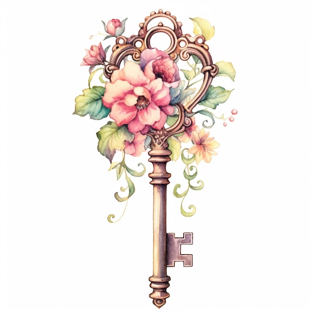 Er is een tekening van een sleutel met bloemen erop.