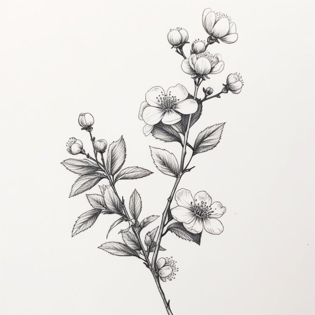 er is een tekening van een tak bloemen met bladeren generatieve ai