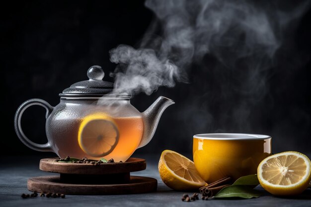 Er is een theepot met een teepot en een kop thee generatieve ai