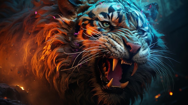 Er is een tijger met zijn mond open en zijn tanden wijd open generatieve ai