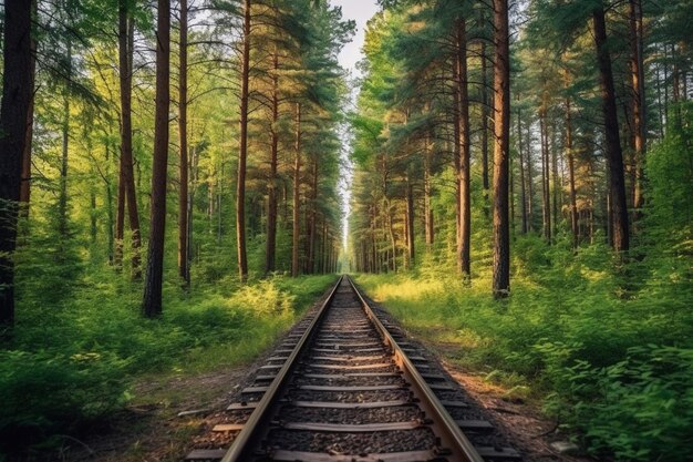 Er is een treinspoor dat door het bos gaat.