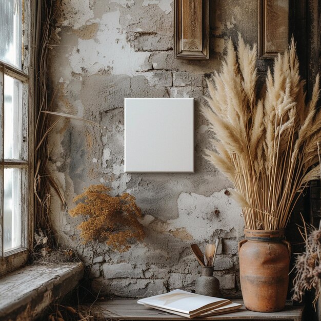 Foto er is een vaas met een paar gedroogde planten en een boek op een tafel generatieve ai