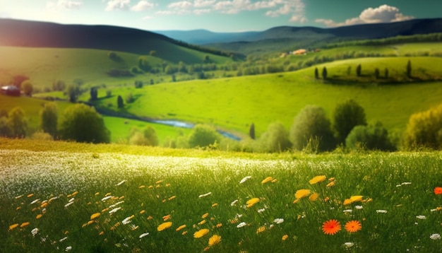 Er is een veld met bloemen en een beek in de verte generatieve ai