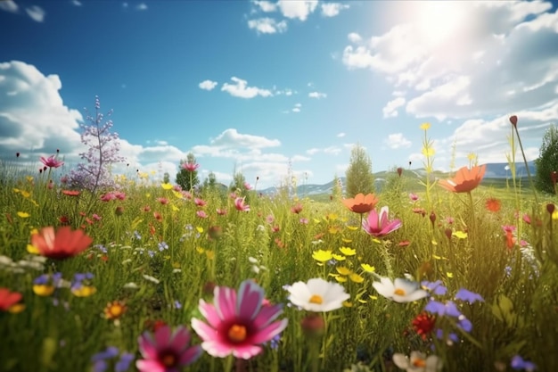 Er is een veld van bloemen die in het gras generatieve ai