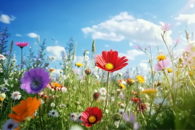 er is een veld van bloemen met een heldere blauwe hemel op de achtergrond generatieve ai