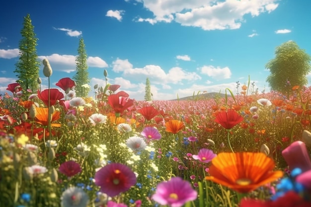 Er is een veld van bloemen met een hemel achtergrond generatieve ai