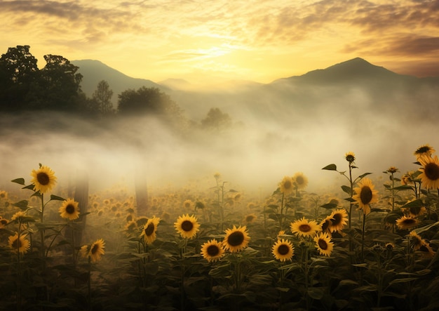 Foto er is een veld van zonnebloemen met een berg op de achtergrond.