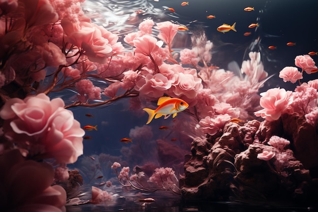 Er is een vis die zwemt in een aquarium met roze bloemen generatieve ai