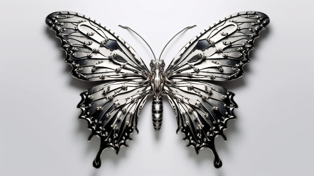 Er is een vlinder die van metaal is gemaakt en zwart-wit ontwerpen heeft generatieve ai