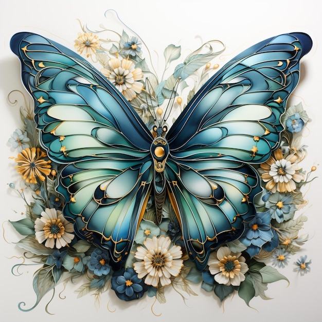 Er is een vlinder met blauwe vleugels en bloemen erop generatieve ai