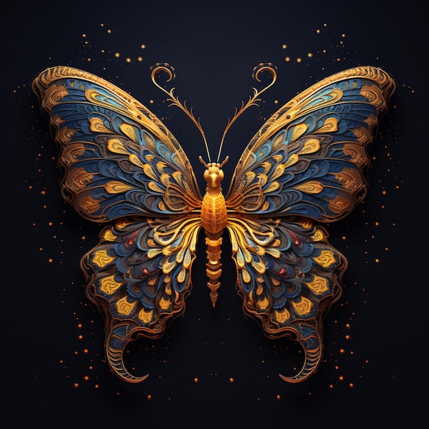 Er is een vlinder met gouden en blauwe vleugels op een zwarte achtergrond generatieve ai