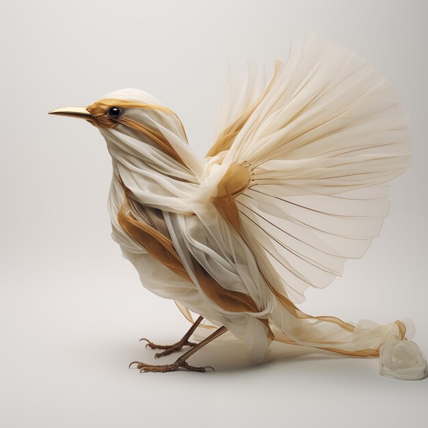 Er is een vogel die van plastic is gemaakt en op zijn achterpoten staat.
