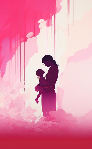 er is een vrouw die een baby vasthoudt in een roze hemel, generatieve ai