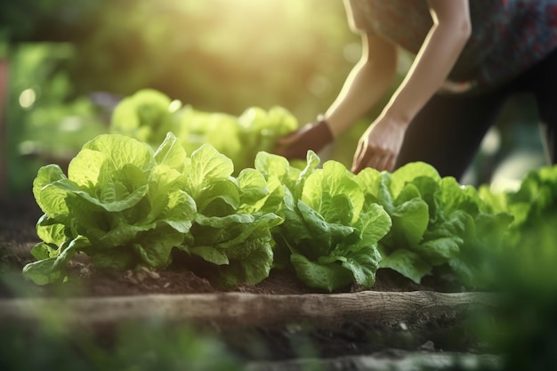 Er is een vrouw die sla plukt uit een tuinbed generatieve ai