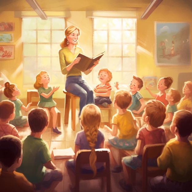 Er is een vrouw die voorleest aan een groep kinderen in een klaslokaal.