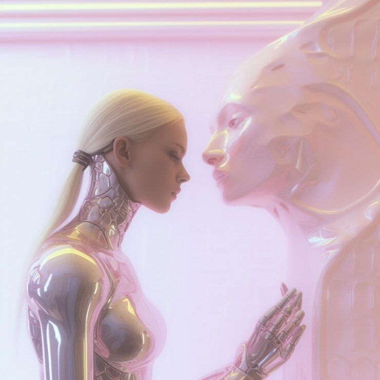 Er is een vrouw in een futuristisch pak die een standbeeld aanraakt.