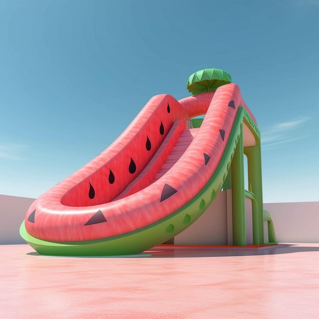 Er is een watermeloen glijbaan in het midden van een zwembad generatieve ai