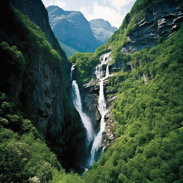 Foto er is een waterval die van een berghelling af stroomt.