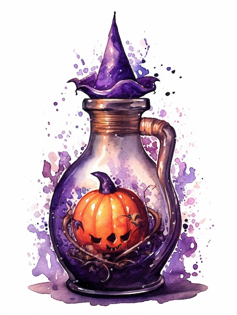 Er is een waterverf schilderij van een halloween pompoen in een glazen pot generatieve ai