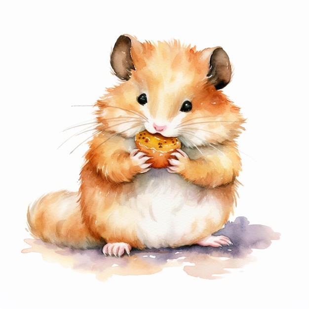 Er is een waterverf schilderij van een hamster die een stuk voedsel eet.