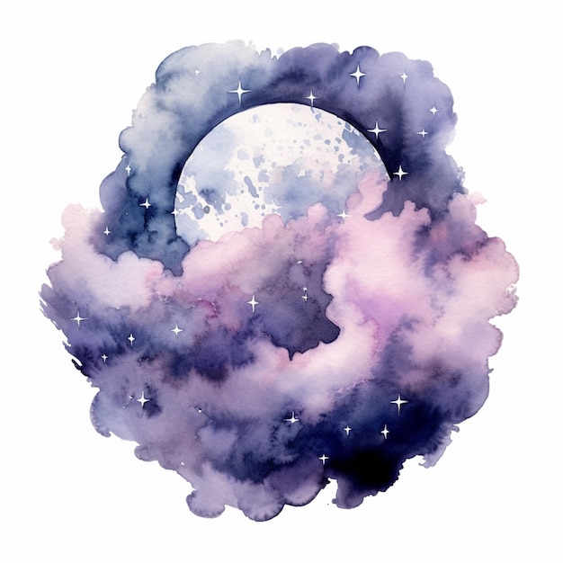 Er is een waterverf schilderij van een volle maan met wolken generatieve ai