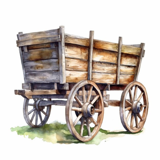 Er is een waterverf schilderij van een wagen met houten wielen generatieve ai