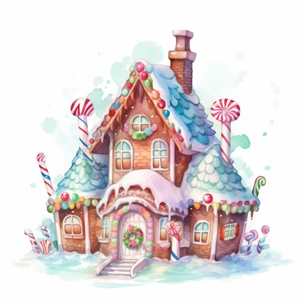 Er is een waterverf tekening van een gember huis met snoep generatieve ai