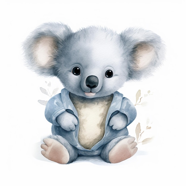 Er is een waterverf tekening van een koala beer die een blauw shirt draagt.