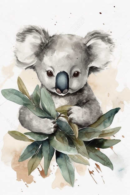 Er is een waterverfschilderij van een koalabeer die een blad generatieve ai vasthoudt