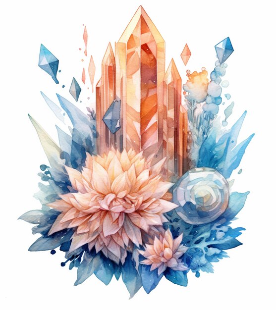 Er is een waterverfschilderij van een kristal en bloemen generatieve ai