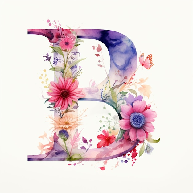 Er is een waterverfschilderij van een letter b met bloemen en vlinders generatieve ai