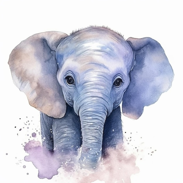 Er is een waterverfschilderij van een olifant met een roze en blauwe generatieve ai als achtergrond