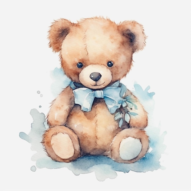 Er is een waterverfschilderij van een teddybeer met een vlinderdas generatieve ai