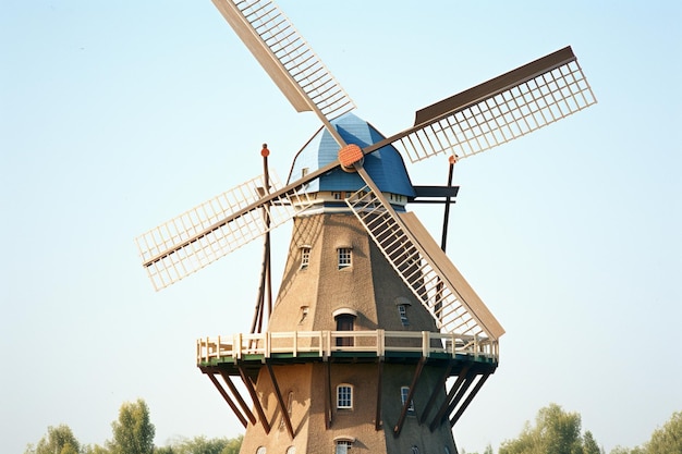 Er is een windmolen die in het midden van een veld zit.