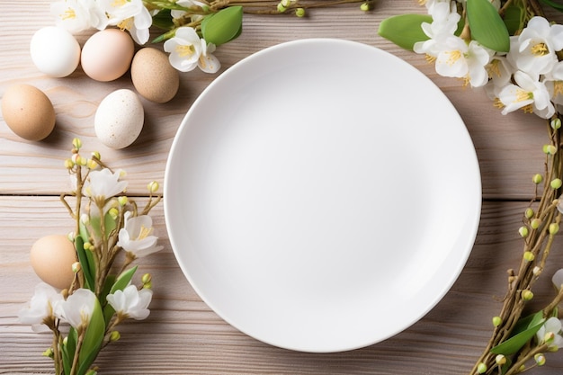 er is een wit bord met eieren en bloemen op een tafel generatieve ai